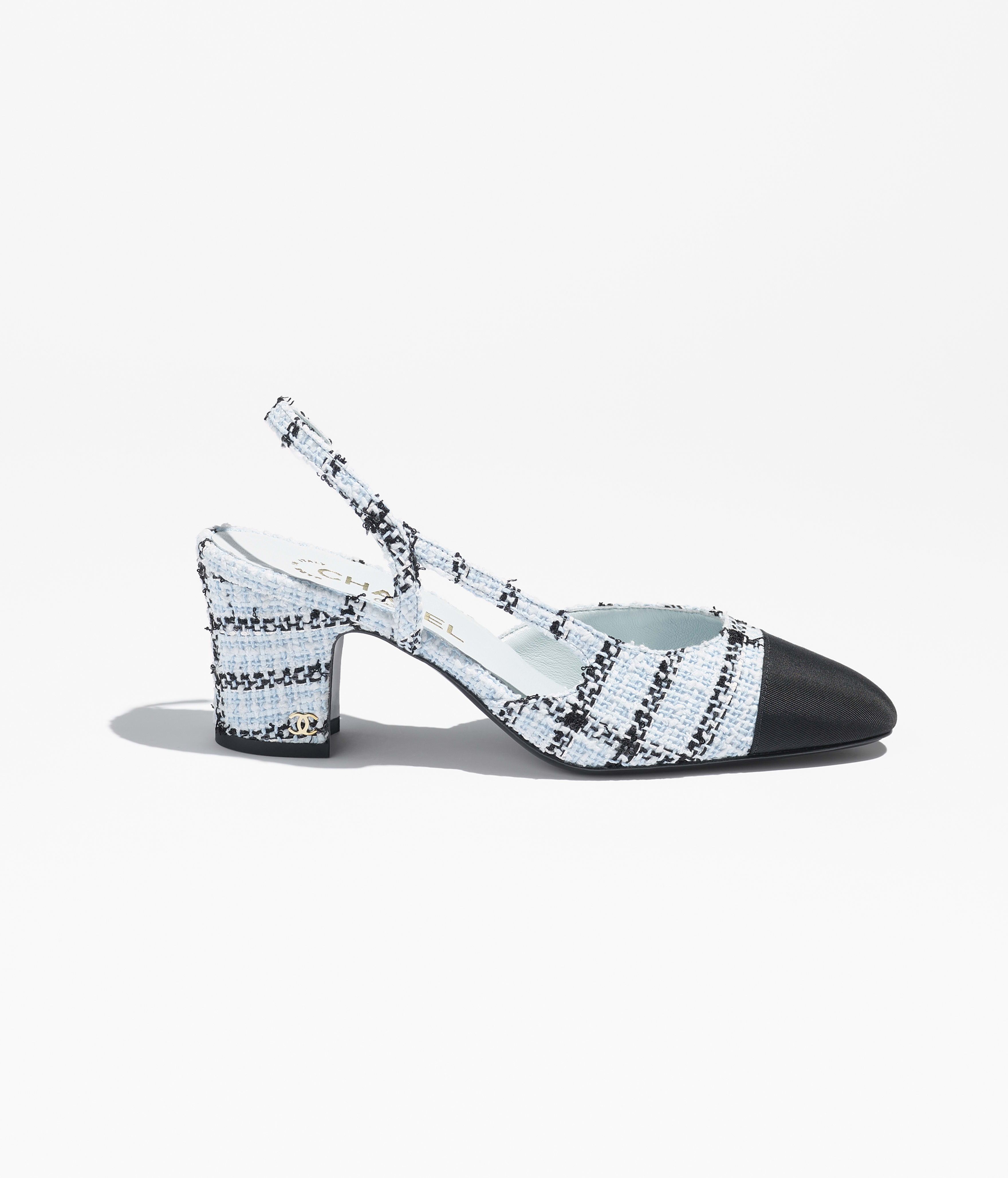 Slingbacks - Light Blue & Black - Tweed & Grosgrain - 